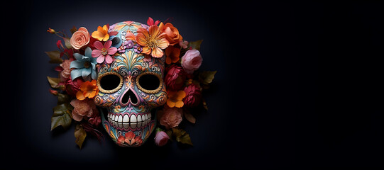 Festive Day of the Dead Skull Mask with Floral Adornments, Vibrant Banner with Space for Text