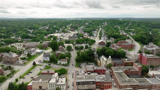 Aerial view of Bangor, Maine's modest city streets on an overcast day.
