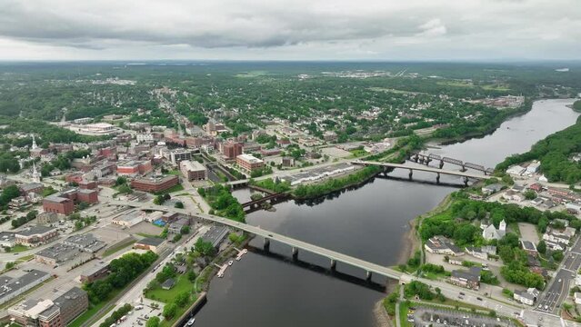 Drone shot of Bangor, Maine's burgeoning downtown on the Penobscot River.