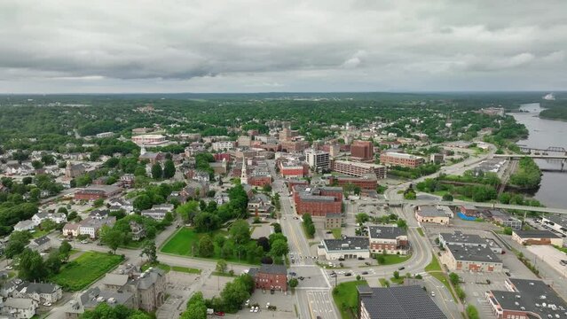 Drone shot of Bangor, Maine's downtown area.