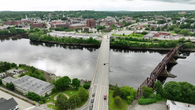 Drone shot pulling away from the Penobscot River in Bangor, Maine.