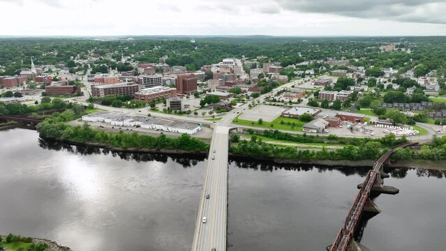 Aerial view of the Penobscot River flowing alongside Bangor, Maine.
