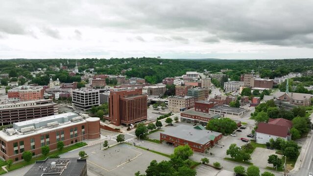 Drone shot flying over Bangor, Maine on an overcast day.