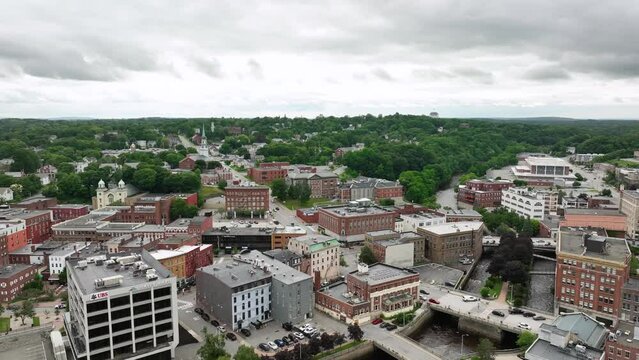 Drone shot of Bangor, Maine's downtown sector.