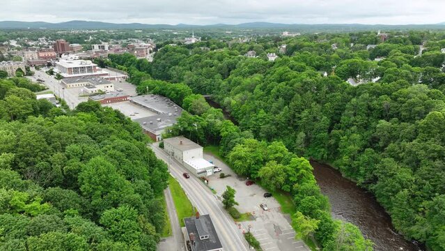 Aerial view of the Penobscot river cutting through Bangor, Maine.