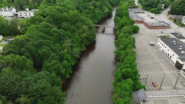 Drone shot of the Penobscot River cutting through Bangor, Maine.