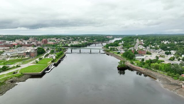 Aerial view over the Penobscot River flying towards a bridge.