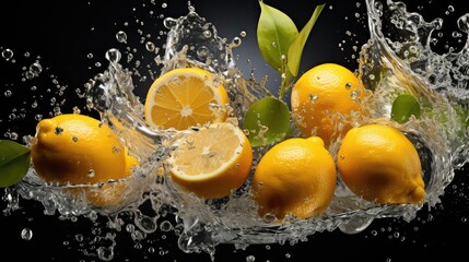 fresh yellow lemon splashed with water on black and blurred background