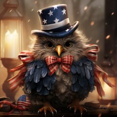 an important bird, dressed in stylish American-style clothing, such as a bow tie or star-and-stripes scarf. 