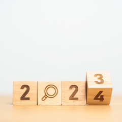 2024 block with magnifying glass icon. SEO, Search Engine Optimization, hiring , Advertising, Idea,...