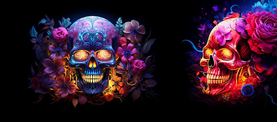 Radiant Neon Skull with Enchanting Floral Celebrations