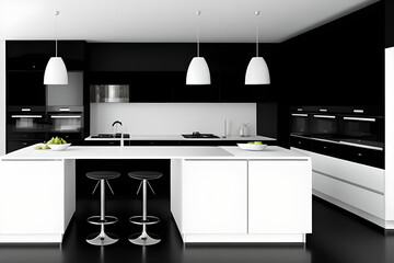 Luxury modern kitchen interior. High contrast black and white kitchens are sharp and edgy