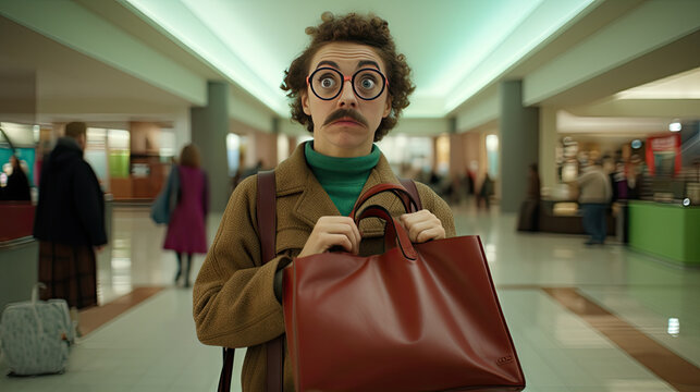 Woman wearing a groucho marx disguise tries to steal a purse in a department store mall