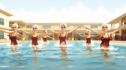 Elderly women in a swimming pool, doing water aerobics or sychnonized swimming.