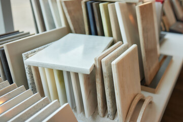 Exposition of ceramics in a showroom new tiling option for floors and walls for home building...