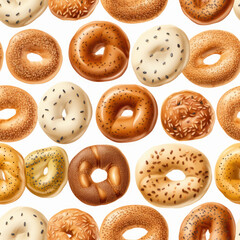 Realistic bagels, many varieties of the breakfast food. Carbs. Seamless background