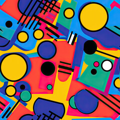 Colorful bright abstract geometric seamless pattern, circles and shapes. 1980s vibes
