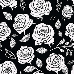 Roses, sketch drawing in outline. Black and white colors. Seamless background