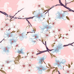 Pink and blue flowers with branches, on a pink background. Seamless tile repeating