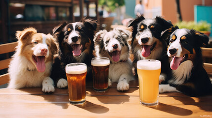 Border collie puppies getting drunk at a beer garden