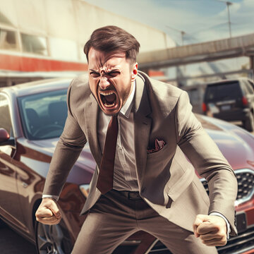 Angry, pushy and aggressive car salesman, in a sales lot of a dealership. Rage