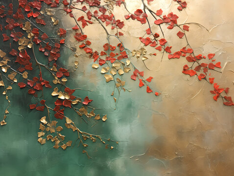 Splashes of bright paint on the canvas.vine，leaves,Gold,red and green colors. Interior painting. Beautiful background