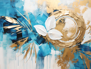 Splashes of bright paint on the canvas.circle and leaves,Gold,blue and white colors. Interior painting. Beautiful background