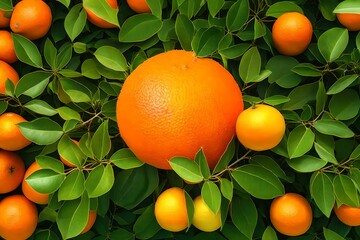 A sun-kissed orange glowing amidst the foliage of a citrus tree in a garden