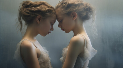 A studio portrait of two young sisters posing forehead to forehead in a tender moment.