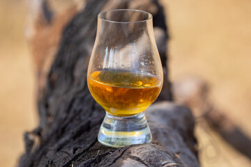 Single malt Scotch whiskey in the Glencairn glass in selective focus.