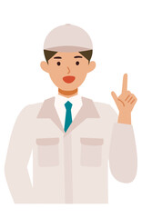 Man wearing factory worker uniform. Factory worker Man cartoon character. People face profiles avatars and icons. Close up image of pointing man.