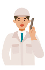 Man wearing factory worker uniform. Factory worker Man cartoon character. People face profiles avatars and icons. Close up image of man using smartphone.