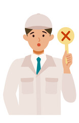 Man wearing factory worker uniform. Factory worker Man cartoon character. People face profiles avatars and icons. Close up image of man having warning expression .