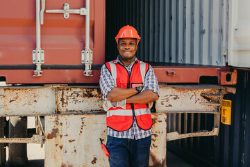 Portrait happy professional african american country worker wearing safety vest and hard hat...