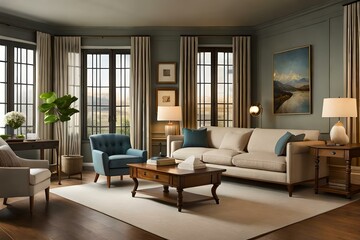 Naklejka na ściany i meble A cozy living room filled with vintage furniture items that evoke a sense of nostalgia and comfort - AI Generative