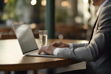 a businessman working on laptop at table with copy text space, in the style of back button focus, shaped canvas, light-focused, elegant, precise draftsmanship, light gray and light gold