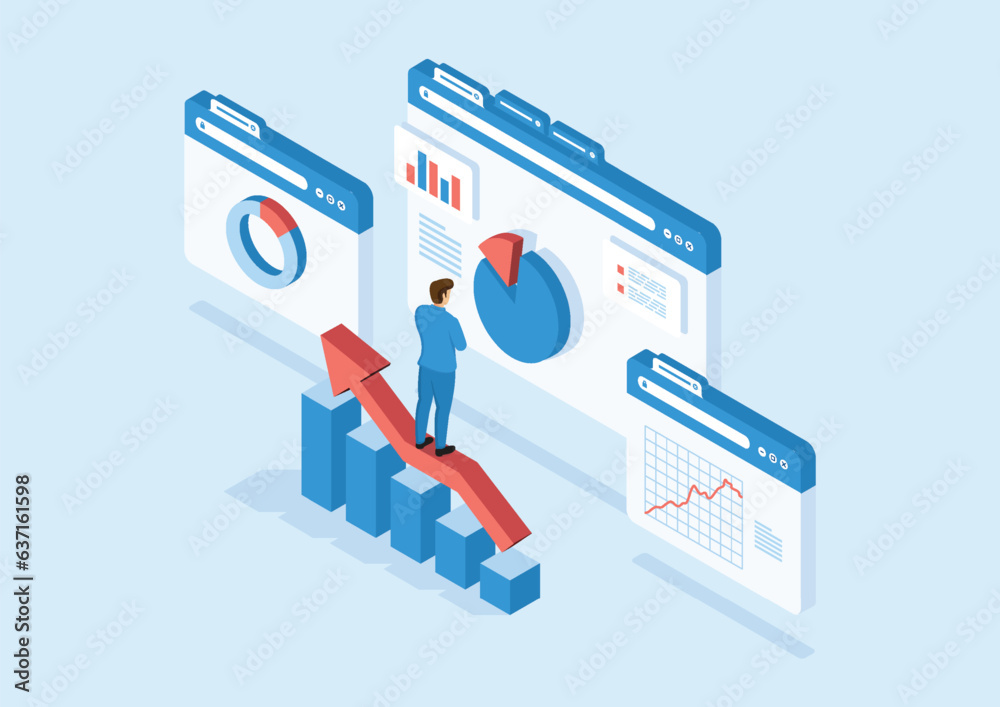 Poster isometric businessman standing on arrow working for data analytics and monitoring on web report dash