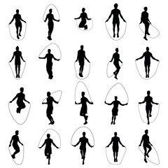 Set of vector silhouettes of men doing jump ropes - obrazy, fototapety, plakaty
