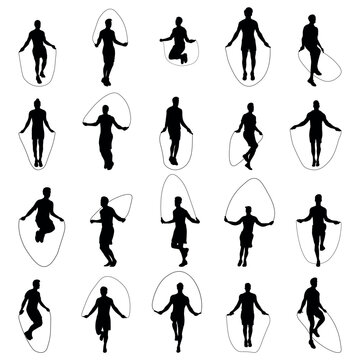 Set of vector silhouettes of men doing jump ropes