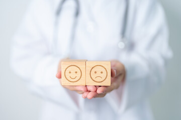 Doctor show Happy smile and Unhappy Sad face block, Mental health Assessment, Psychology, Health Wellness, Feedback, Customer Review, Experience, Satisfaction Survey, World Mental Health day concept