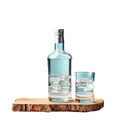 Obraz premium Vodka bottle and ice on transparent background with wooden table