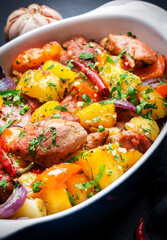 Turkey roast with potatoes, paprika, red onions, parsley and spices in baking dish, black table background, top view