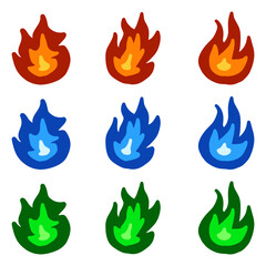 Fire flame set isolated. Icons. Flat style vector illustration. Flame, fire, torch, campfire. Cute cartoon design. Orange and yellow colors. Realistic template.
Set of red and orange fire flame.
