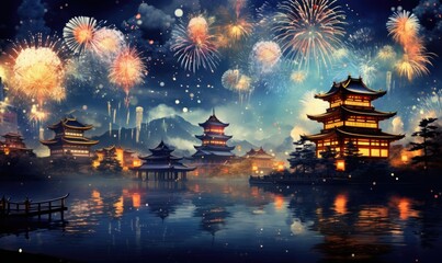 fireworks at a new year background, in the style of luminous watercolors, dark sky-blue, shaped canvas, nostalgic charm, vibrant stage backdrops,  Generative AI