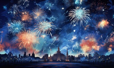 fireworks at a new year background, in the style of luminous watercolors, dark sky-blue, shaped canvas, nostalgic charm, vibrant stage backdrops,  Generative AI