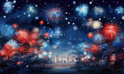 fireworks at a new year background, in the style of luminous watercolors, dark sky-blue, shaped canvas, nostalgic charm, vibrant stage backdrops,  Generative AI