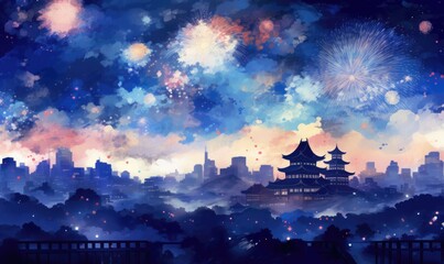 Fototapeta premium fireworks at a new year background, in the style of luminous watercolors, dark sky-blue, shaped canvas, nostalgic charm, vibrant stage backdrops, Generative AI
