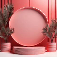 Round red pastel podium and palm leaf, Abstract minimal geometric shapes background, Aesthetic summer dais concept and shadows on the wall, 3D Modern design for product showcase display, AI generated.
