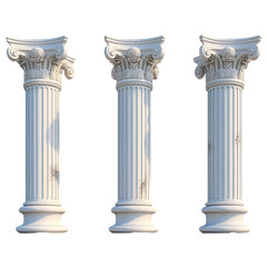 Three white marble columns ancient Roman pillars against a transparent background