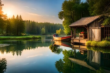 a pond with lotas flowers and a wooden boat and lamps - AI Generative